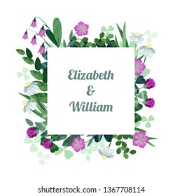 Wild flowers summer wedding invitation vector  template. Square frame.
