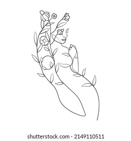 Wild Flowers' surreal faces Continuous line, drawing of set faces and hairstyles, fashion concept, woman's beauty, minimalist, pretty sexy. Yourself self care