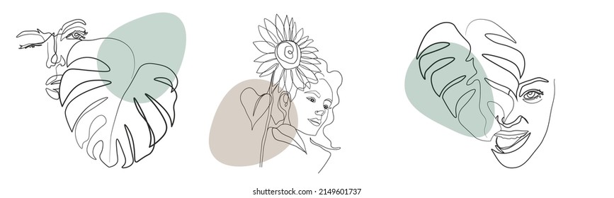 Flores salvajes caras surrealistas Línea continua, dibujo de caras y peinados, concepto de moda, belleza de la mujer, minimalista, bastante sexy. Tu propio cuidado