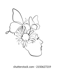 Wilde Blumen surreale Gesichter Kontinuierliche Linie, Zeichnung von Gesichtern und Frisuren, Mode-Konzept, Frauenschönheit, minimalistisch, ziemlich sexy. Selbstversorgung