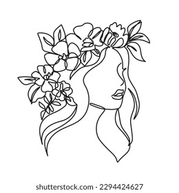 Caras surrealistas de Flores Silvestres Línea continua, dibujo de rostros y peinados, concepto de moda, belleza de la mujer, minimalista, bastante sexy. Autocuidado