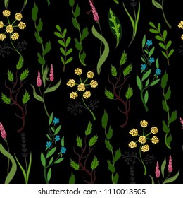 Wild flowers in trendy seamless pattern on a dark background. 