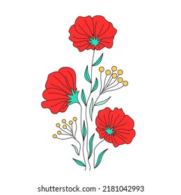 Wild flowers and umbrella flowers design, botanical color thin line doodle. Floral motifs for tattoo print wall art cover. Aesthetic elegant subtle simple trendy contour vector illustration.
