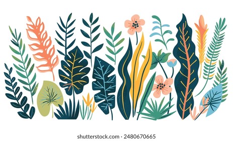 Wild flowers vector collection. Green herbs, leaves, wildflowers and berries. Vector illustration with different plants and branches