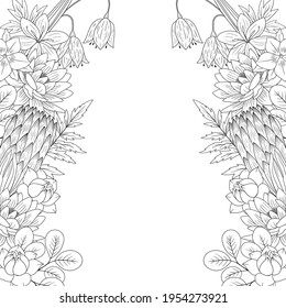 Wild flowers vector drawing set. background with hand drawn wild herbs, flowers and leaves