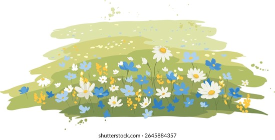Flores selvagens. Ilustração vetorial em estilo aquarela, prados floridos, camomila e flores de linho. Desenho de autor desenhado à mão.	
