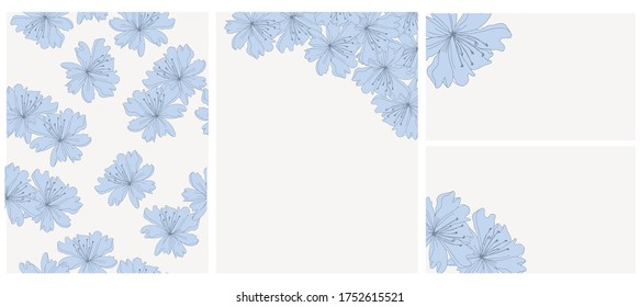 Wild Flowers Vector Illustrations and Seamless Pattern. Blue Cornflowers Isolated on a Light Cream Background. Simple Elegant Wedding Card, Pattern and Tags. Floral Hand Drawn Prints. Floral Blanks.