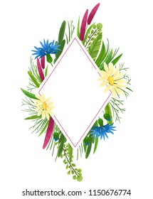 Wild flowers vector rhombus shape template for invitation, celebration, greeting card. Nature decor with meadow flowers. Cornflower, chamomile and purple flower decoration frame for wedding, fesival.