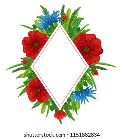 Wild flowers vector rhombus shape template for invitation, celebration, greeting card. Nature decor with meadow flowers. Poppy and cornflower decoration frame for wedding, fesival and event. Botanical