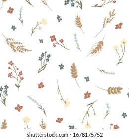 Wild Flowers vector seamless pattern.  Cute and tender flowers on white background. Forget-me-not, buttercup, lavender, wheat for wrapping paper, fabric, textile, wallpaper, home decor