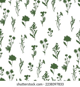 Wild flowers vector seamless pattern. herbs, herbaceous flowering plants, blooming flowers, subshrubs texture. Hand drawn flat botanical illustration. Buttercups, pansy, tansy, cornflower, lavender