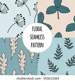 Wild flowers vector seamless pattern set. Endless pattern for wallpaper, pattern fills, web page background, surface textures. Hand drawn leaves, fern, dandelion, botany 