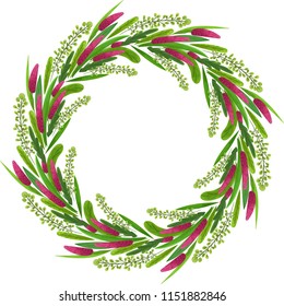 Wild flowers vector wreath. Nature decor card, poster and banner template from meadow flowers. Purple flower wreath decoration for wedding, fesival and event. Botanical art.