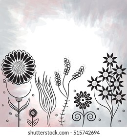 Wild flowers, violet, sunflower, hand drawn artificial plants, exotic perennial, vector illustration, isolated decorative floral sketch in black, buttonhole, blossom, card print
