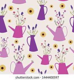 Wild flowers in watering cans seamless pattern.