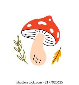 Wild fly agaric with forest plants in doodle style. Cute children vector illustration isolated on a white background. Red mushroom for your design - poster, card, bag, t shirt