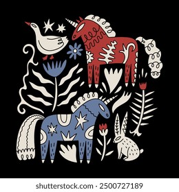 Wild folk Scandinavian style animals set flat vector illustration clip-art, horses and other characters