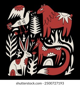 Wild folk Scandinavian style cartoon doodle animals set flat vector illustration clip-art