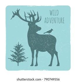 Wild forest adventures emblem with deer and bird silhouette. Vector deer animal wild adventure illustration