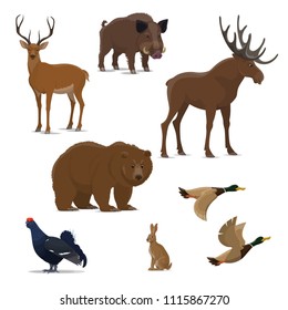 Wild forest animal and bird isolated icon set for hunting sport design. Bear, duck and deer, reindeer, hare and elk, boar and black grouse symbol of carnivore, herbivore mammal and game bird