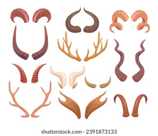 Wild forest animal horns decoration, deer, ram, moose, cow, stag, goat, bull, buffalo or antelope antlers isolated set. Creative elegant hunting trophy, decorative symbol vector illustration