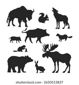 Wild forest animal silhouettes. Isolated drawing of elk, wolf and bear. Zoo icons set. North american wildlife. Vector illustration