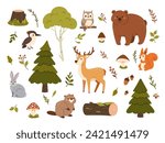 Wild forest animals. Bear, squirrel and deer, beaver and hare, woodpecker and mushrooms, fir tree and birch, berries. Cute baby woodland animal vector set. Characters and isolated nature elements