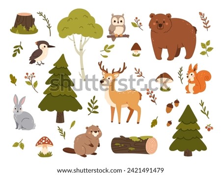 Wild forest animals. Bear, squirrel and deer, beaver and hare, woodpecker and mushrooms, fir tree and birch, berries. Cute baby woodland animal vector set. Characters and isolated nature elements