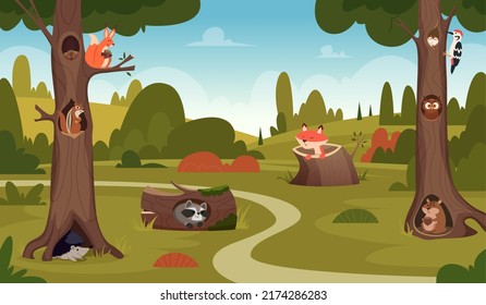 Wild forest animals. Big hollow trees for relax time exact vector cartoon background