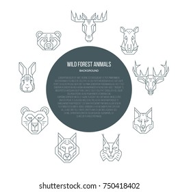 Wild forest animals- brochure template with text area. White background with line heads of animals which created in simple geometric style. Picture can be used as flayer of farm, vet clinic, web site.