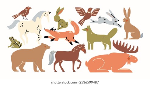 Animales salvajes del bosque en estilo de dibujos animados. Fauna forestal de mamíferos: liebre. zorro, alce, oso, caballo, lobo. Vector doodle animales en estilo retro