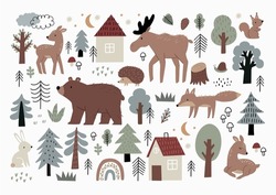 Wild Forest Animals Clipart Collection. Hand Drawn Woodland Trees, Mushrooms, Animals, House, Berries, Leaves. Scandinavian Style Vector Print - Elk, Deer, Hare, Hedgehog, Fox, Bear