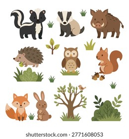 Wild forest animals collection including skunk, badger, wild boar and owl in minimalist flat design.