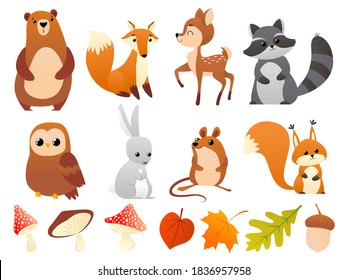 Wild forest animals. Fox, bear, moose, raccoon, squirrel, deer, ferret, fly agaric, acorn or mushrooms and leaves. Set of woodland animals isolated on white background. Vector illustration