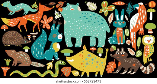 Wild forest animals - hand drawn vector illustration in cute style - bear, raccoon, fox, owl, snake and others, ornate decorative design for children's book, room, greeting card, sticker, apparel.