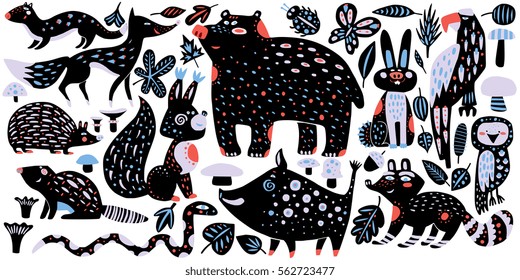 Wild forest animals - hand drawn vector illustration in cute style - bear, raccoon, fox, owl, snake and others, ornate decorative design for children's book, room, greeting card, sticker, apparel.