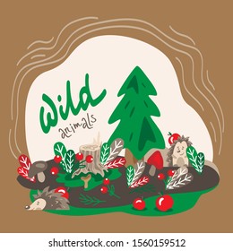 Wild forest animals. Hedgehog family in the forest. Children's illustration. Vector image