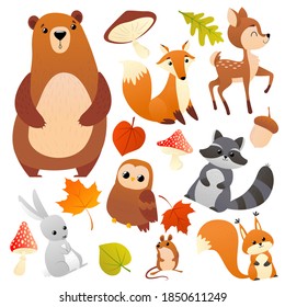 Wild forest animals pattern and leavs. Fox, bear, moose, raccoon, squirrel, deer, ferret, fly agaric, acorn or mushrooms and leaves. Vector illustration