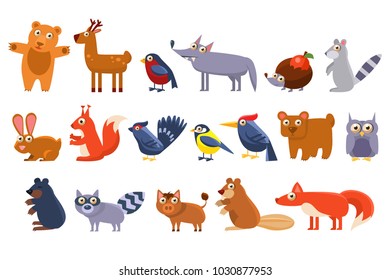 Wild forest animals set, cute cartoon bear, bird, hedgehog, wolf, raccoon, elk, deer, rabbit, squirrel, tit, woodpecker, owl, mole, wild boar, beaver, fox vector Illustrations