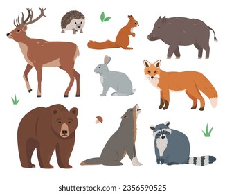 Wild forest animals set. Deer, hedgehog, fox, wolf, hare, squirrel, raccoon, boar and bear icons. Vector illustration isolated on white background.