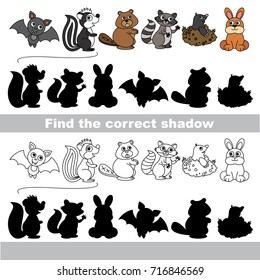 Wild Forest Animals set to find the correct shadow, the matching educational kid game to compare and connect objects and their true shadows, simple gaming level for preschool kids.