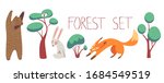 Wild forest animals set: fox, 
brown bear, hare. Trees, bush. Vector illustration of forest animals in a scandinavian style for the design of postcards, children