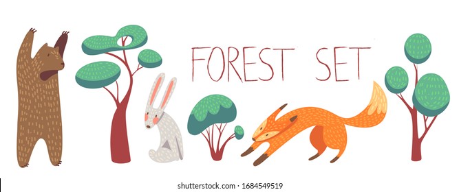 Wild forest animals set: fox, 
brown bear, hare. Trees, bush. Vector illustration of forest animals in a scandinavian style for the design of postcards, children's clothing, textile, websites.