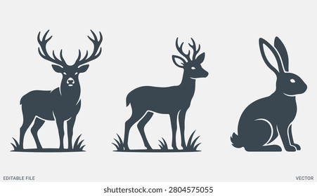 Wild forest animals silhouette vector icon set deer stag rabbit hare for nature outdoor design