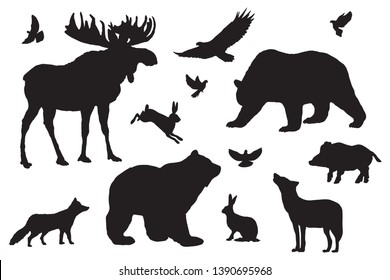 Wild forest animals silhouettes, elements set white isolated. Basis graphics