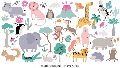 Wild forest animals in trendy cute hand drawn style isolated on background.