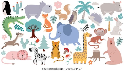 Wild forest animals in trendy cute hand drawn style isolated on background.