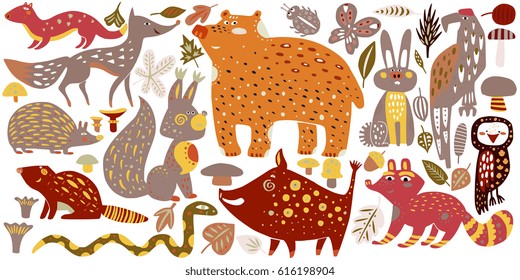 Wild forest animals in trendy cute hand drawn style isolated on background. Vector illustrations. Elements for kid's book, badge, emblem. Bear, raccoon, rabbit, owl, fox, snake, leaves, mushrooms.