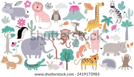 Wild forest animals in trendy cute hand drawn style isolated on background.