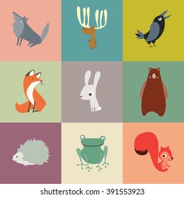 Wild forest animals vector illustration set